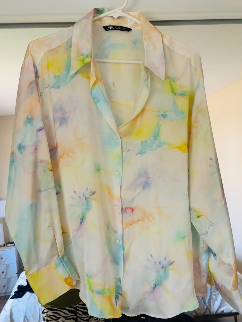 Zara Pastel Watercolor Button-Down Shirt in Blue, Yellow, Pink, Green